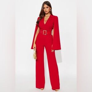 Ceo Vibes Cape Sleeve Belted Jumpsuit - Red